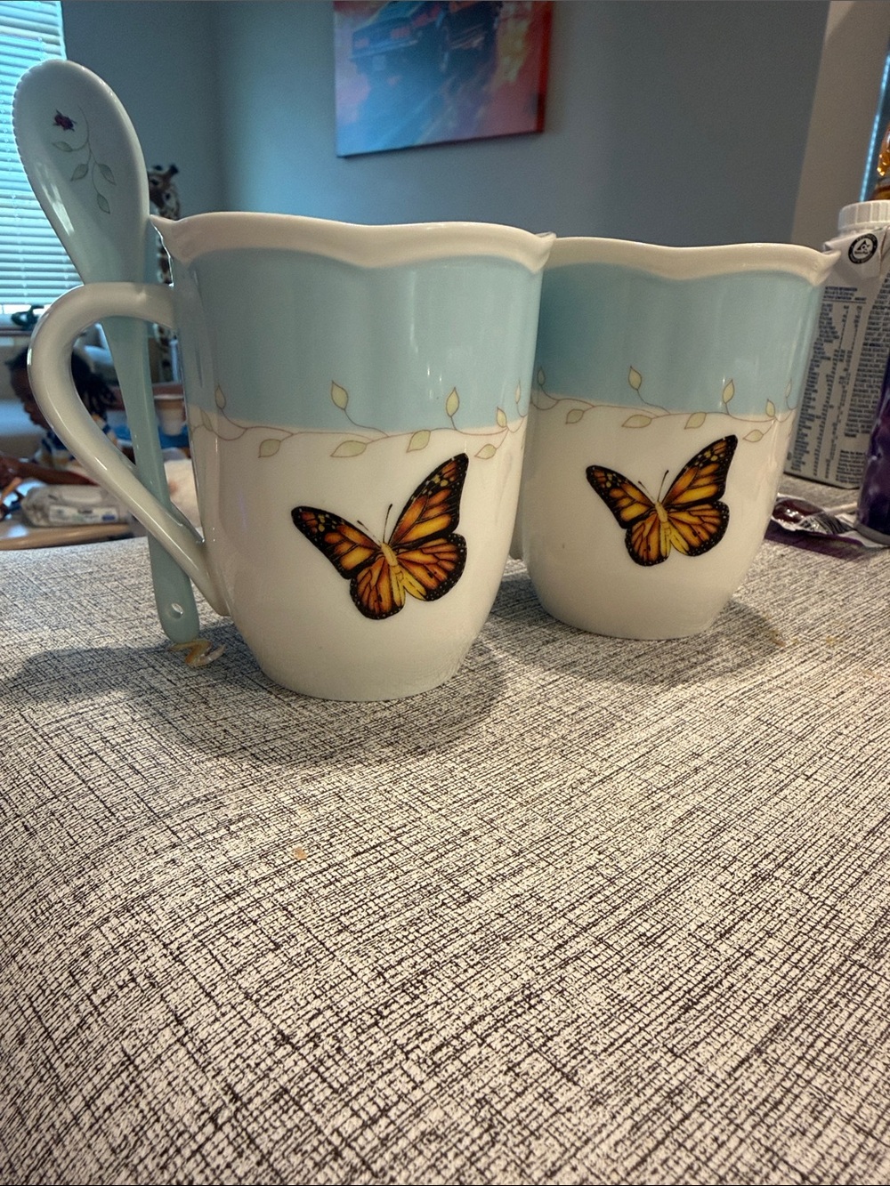 Lenox Blue and White Butterfly Ceramic Mug Set with Spoons